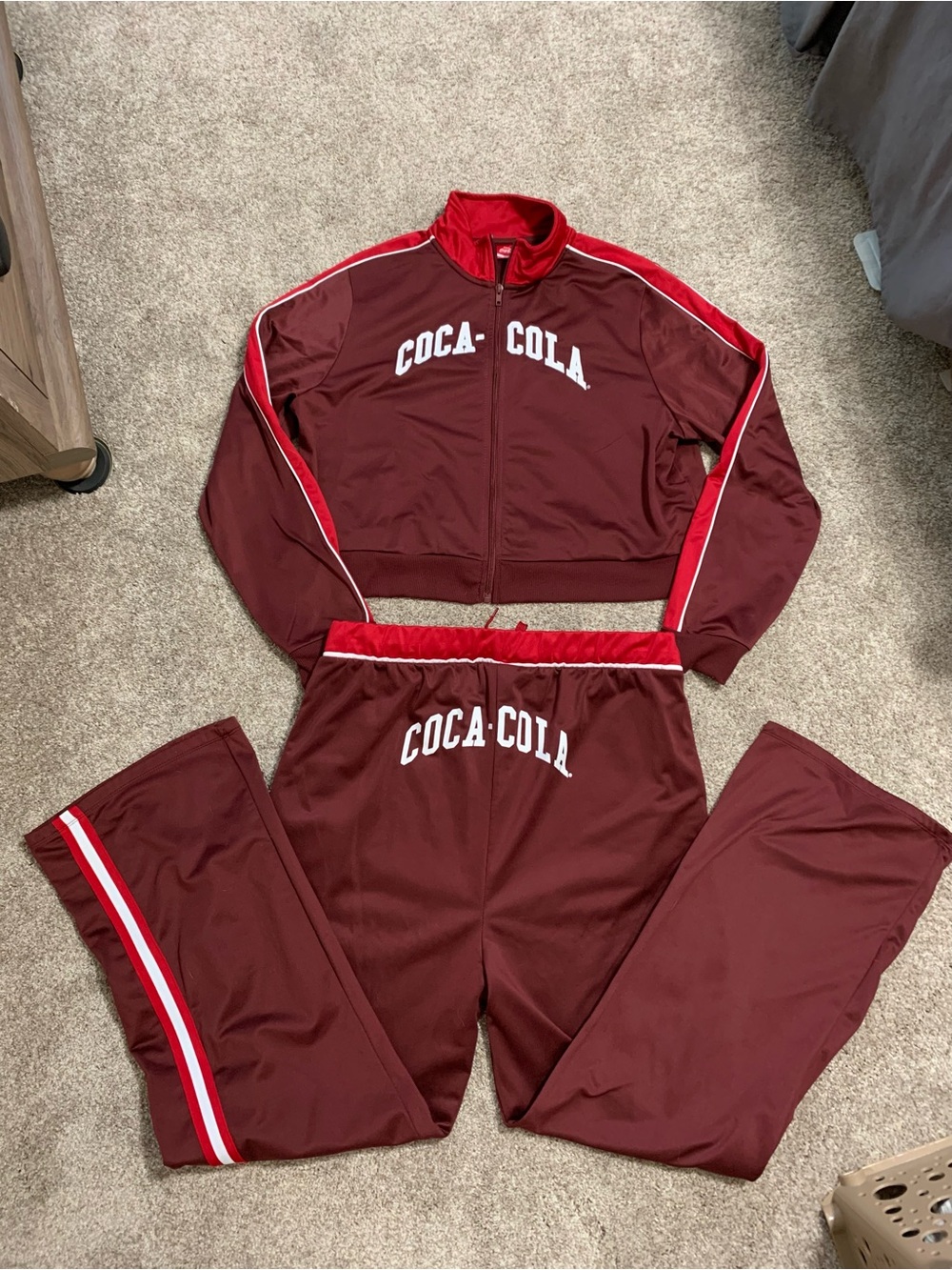 Coca-Cola Burgundy Crop Track Suit Retro Athletic Stripe Vintage Style XL/2XL